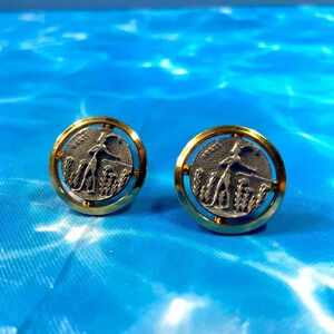 Crete  Coin Silver and Gold Tone Cuff Links Cufflinks - Vintage
